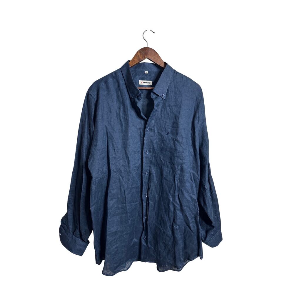Maxfort 100% Linen Button Down Collar Long Sleeve Shirt Blue Made in Italy